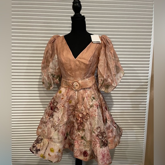 NWT Zimmermann Dancer Floral PuffSleeve Mini Dress Blush Garden Flora - Picture 2 of 11